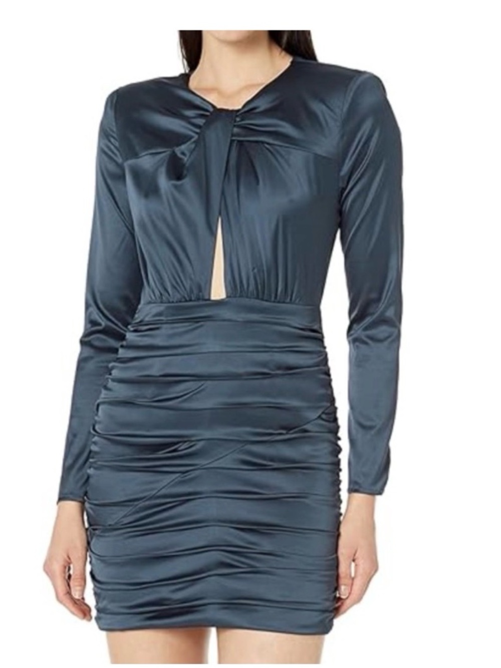 Astr Long-Sleeve Ruched Satin Dress in Charcoal